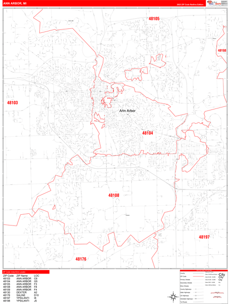 Ann Arbor City Digital Map Red Line Style